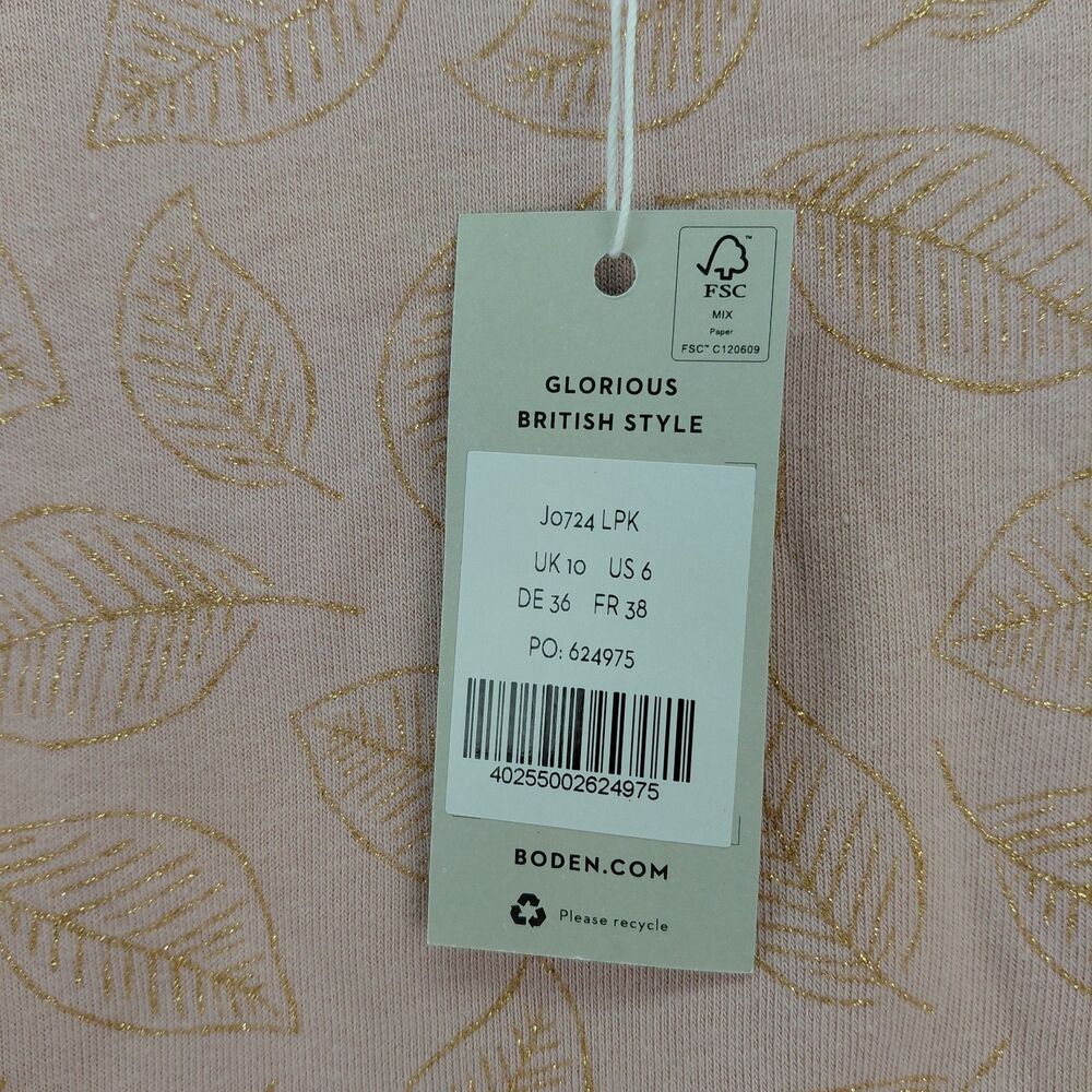 Boden Sweatshirt Womens 6 Pink Gold Metalic Leaf Floral Print Puff Sleeve NEW - Picture 6 of 13